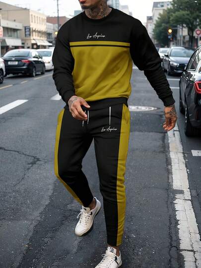 男士撞色印花极简通勤圆领落肩卫衣和运动裤套装，适合秋冬季街头风春季穿着