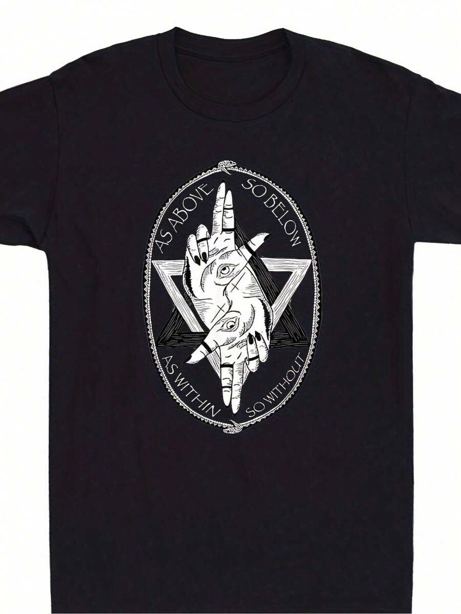 Camiseta Gótica Oculta para Hombre Kabuda - Diseño Gráfico con el Símbolo "Como Arriba, Así Abajo", Cuello Redondo Suave y Cómodo, 220G, Negra con Diseño Blanco, Camiseta Casual y Confortable |   Camisa de Corte Holgado |   Camisa de Tela Suave Kbd - Negro - Ver 1
