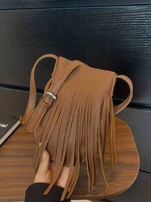 Bolso de hombro tipo cubo de gran capacidad, minimalista y de moda casual con flecos - Marrón - Ver 8