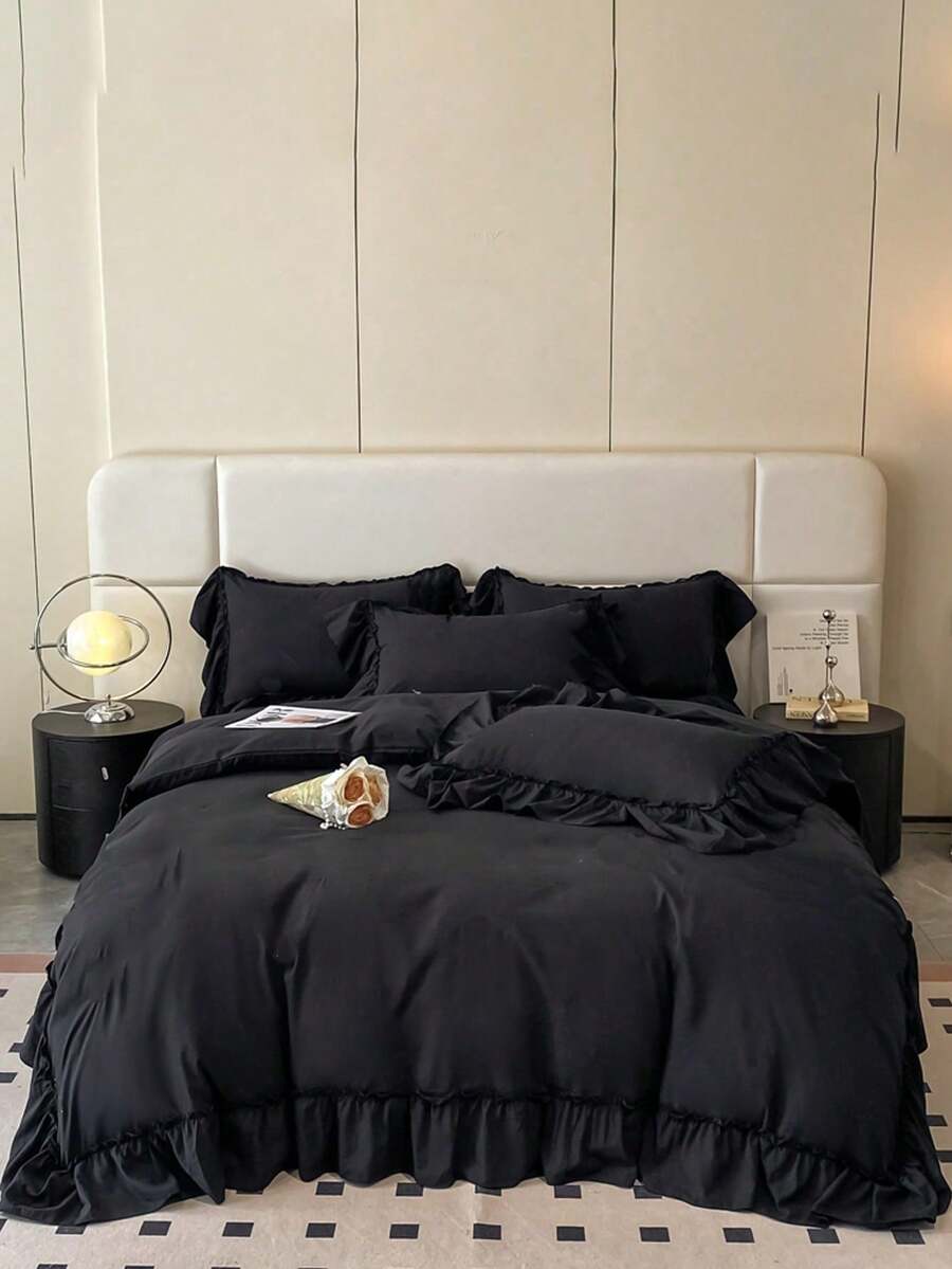 3pcs Solid Color Ruffled Soft & Comfortable Duvet Cover Set (1*Duvet Cover + 2*Pillowcases), Suitable For Bedroom And Guest Room - Black - View 1
