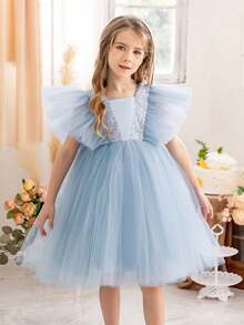 Young Girl Sparkly Bow Mesh Ruffle Sleeve Light Blue Princess Dress, Elegant Tulle Gown, Suitable For Girls Birthday Gift, Party, Wedding, Flower Girl, Holiday Celebration Dress Valentine's Day Thanksgiving Dress - 淺藍色 - 查看 1