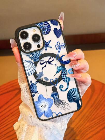 1个海洋元素海马花朵蝴蝶结UV印刷磁性手机壳，适用于 17-11 Pro Pro Max Plus，适合各种场合的礼物