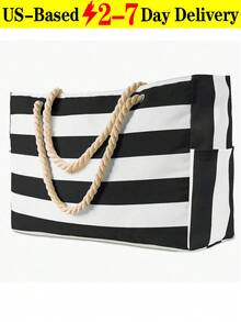 Beach Bags For Women, Large Waterproof Beach Tote Bag With Zipper, Plus Size Women's Waterproof Beach Tote Bag, Women Canvas Shoulder Bag, Waterproof Sandproof Swim Pool Bag, Large Tote (Pattern Random),  Portable, Foldable, Business Casual Simple Stripe Design Tote Bag For Teenagers, Women, College Students, Middle & High School Students, Outdoor, Travel, Picnic, Work, Business, Commuting, Vacation, Shopping And Holiday[US Local Warehouse]The Best Gift Choice, Birthday Gift - Nhiều màu - Xem 13