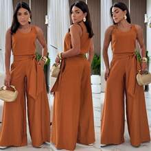 Casual Chic Wide-Leg Set - Two Pieces (Tank Top + Flowy Pants) - Camel - View 2
