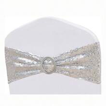 10 piezas Lazos decorativos para sillas para decoración de bodas, Faja para silla con brillo y hebilla plateada, Moño para silla con lentejuelas para fiesta, cumpleaños, aniversario, ceremonia y evento - Plateado - Ver 7