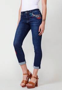 Koroshi Women's Slim Push-Up Denim Trousers With Turn-Up Hem, Embroidered Floral Detail, And Zip And Button Front Closure, Dark Blue, Sizes 34/36/40 - Navy Blue - View 5