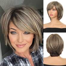 女士时尚合成假发，带空气刘海，短直发假发片 - 間色 - 查看 2