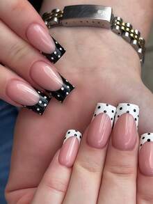 24片中号方形亚克力美甲贴纸，优雅日常黑色镶边波点法式美甲贴纸，复古高端黑白波点图案裸粉色底人造指甲贴纸，适合女性和女孩，包含1张胶纸和1个迷你指甲锉，随机发货 - 黑與白 - 查看 1