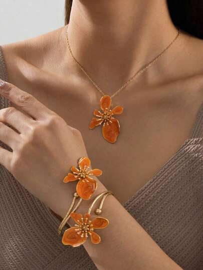 1 Set de collar y pulsera hechos a mano con colgante floral asimétrico naranja para mujeres (sin caja de regalo)