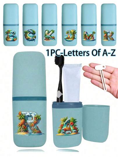 Portable Travel Toothbrush Box With Letters A-Z And Tropical Element Patterns, Bathroom Accessories, Outdoor Travel Toothbrush Toothpaste Storage Box, Letter Series Printed Dust-Proof Organizing Box. Upgraded Material, Resistant To Compression And Wear