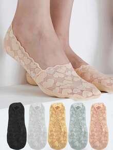 Women Summer Socks Lace Heart Sock Antiskid Invisible Shallow Mouth Thin Boat Socks - Multicolor - View 2