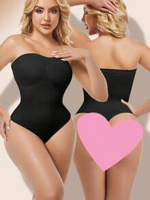 Women's Solid Color Strapless Push-Up Waist And Tummy Control Bodysuit ,Sculpting Body Shaper,Slimming Thong Bodysuit Smooth Shapewear For Women Tube Top Invisible Off-Shoulder Underwear For High Slit Dresses - 黑色 - 查看 9