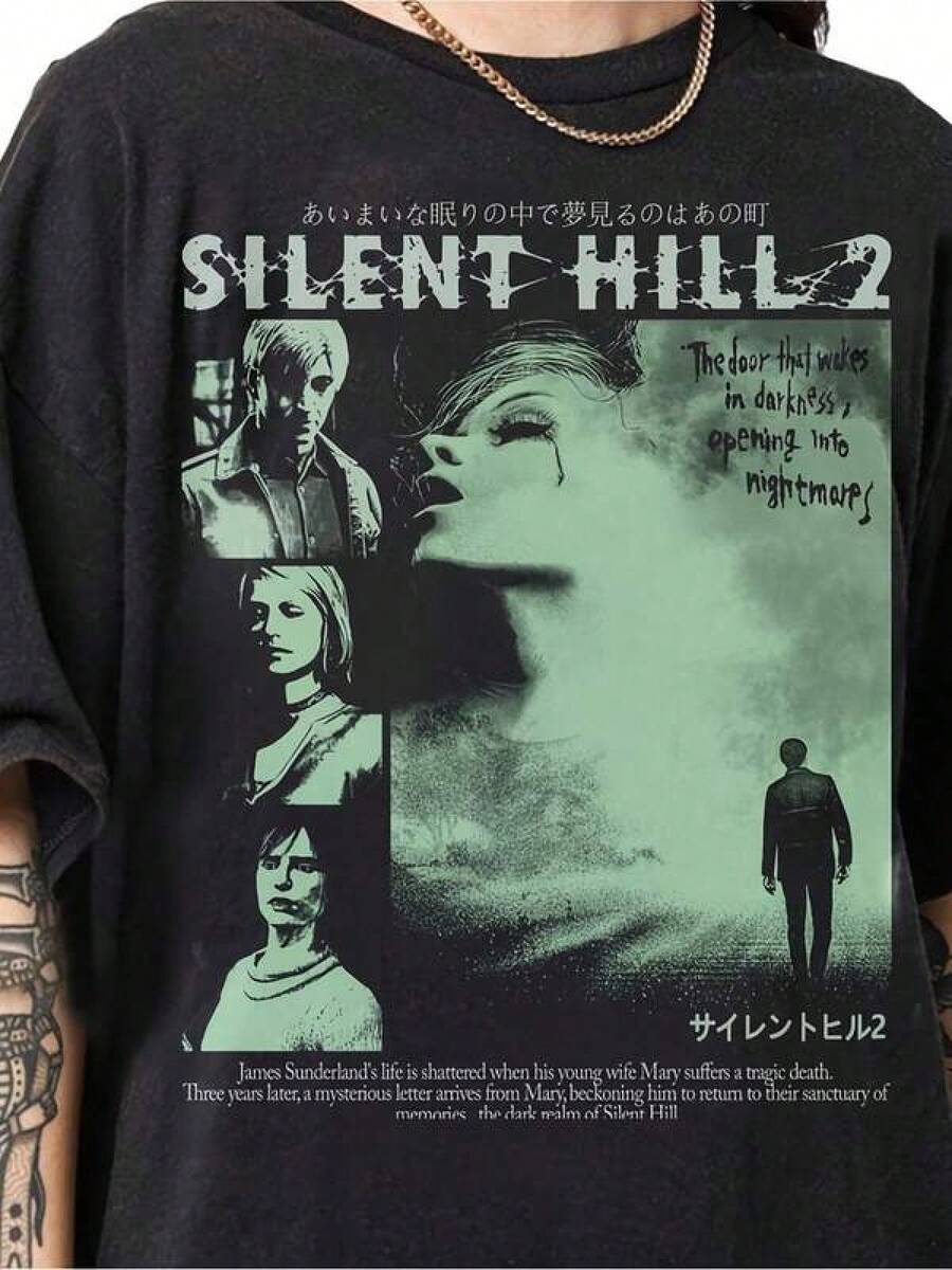 Fashionable Casual T-Shirt For Men, 1 Piece Silent Hill 2 Graphic T-Shirt For Women, Plus Size Vintage Retro Horror Game T-Shirt, Sizes 2-10 Years, S-XXXL, Children's Clothing For Boys, Valentine's Day Gift For Boys, Clothing For Young Boys, Tops For Girls, Girls' Clothing, Clothing For Young Girls, Matching Family Outfits, Unisex Graphic T-Shirt For Back To School & St. Patrick's Day Gift For Boys And Girls, Family Couple Outfit For Game Day, Perfect Gift For St. Patrick's Day And Women's Day, Mother's Day, Father's Day, For Men And Women. - màu đen - Xem 1