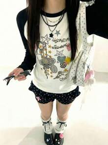 Y2K 复古涂鸦印花插肩袖T恤，休闲宽松长袖T恤，饰有可爱星星和爱心图案，女款白色 - 白色 - 查看 2