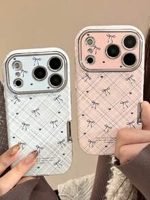 Minimalist Fashion Rhombus Striped Bow Tie Phone Case Suitable For IPhone 17 16 15 14 13 12 11 - Pink - View 4