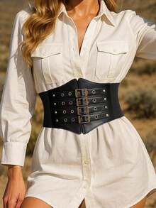 1件装女士黑色街头风裹腰弹力腰带连衣裙，适合万圣节派对、聚会或日常通勤穿着 - 黑色 - 查看 3