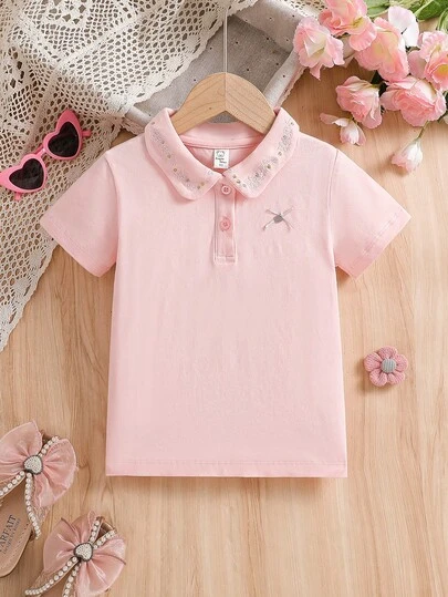 Girls Floral Embroidery Polo Shirt Short Sleeve T-Shirt, Summer