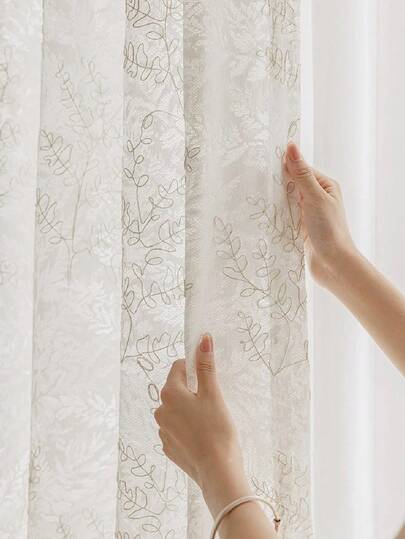 1pc Jacquard 3D Leaf Floral Sheer Geometric Pattern Curtain - Japanese Linen Style, Rod Pocket Design, Suitable For Living Room And Bedroom - Sheer And Filtering Curtain, Living Room Curtain, Bedroom Curtain (180g Fabric Weight)
