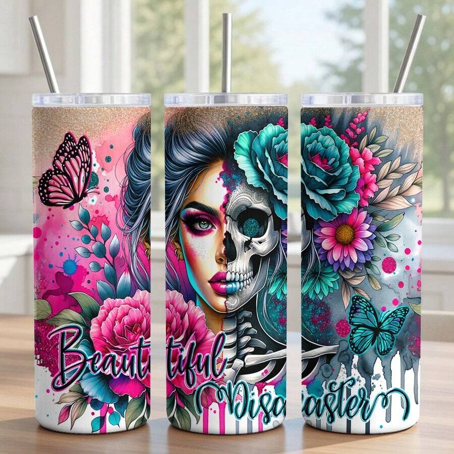 20oz Tumbler Cup Beautiful Disaster Floral Skull Butterfly Design For Edgy Women Half Skull Half Face Skeleton Aesthetic Art Graphic Birthday Or Halloween Gift For Gothic Alternative Style Lovers - 1 pc - 查看 1