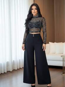 Cropped Long-Sleeved Top With Rhinestones - 黑色 - 查看 2