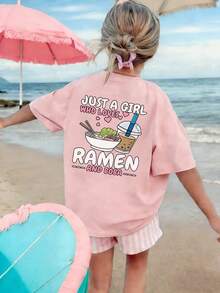 情人节女童休闲印花圆领短袖T恤,可爱珍珠奶茶面条图案T恤,夏季女童上衣 - 粉色 - 查看 3