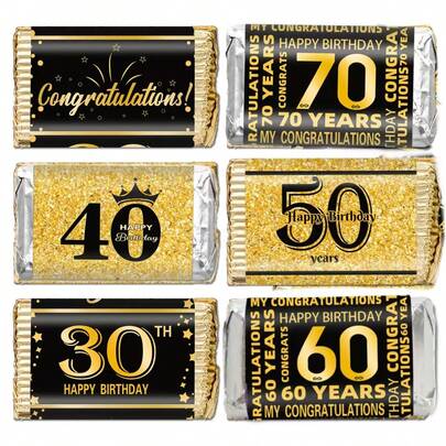 30pcs/5sheets Mini Birthday Chocolate Wrapper Stickers With Golden Design, 1.4*2.6inch Mini Chocolate Bar Stickers For Candy, Cupcakes, Cookies, Gift Wrapping, Party Favors & Crafts, Perfect For 30th, 40th, 50th, 60th, 70th Birthday Celebrations