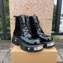 Men's Fashion Cyber Punk Style High-Top Chunky Boots Black Patent Leather With Side Zipper Motorcycle Short Boots For Man Thick Sole Vintage Leather Boots - 黑色 - 查看 12