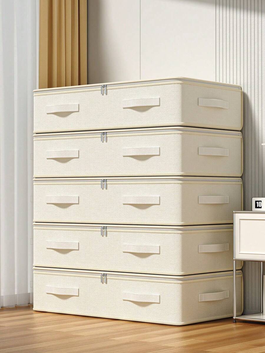 1PC Under Bed Storage Box, Foldable Linen Organizer With Clear Zipper Lid & Reinforced Handles, Dustproof Large Capacity Bin For Clothes, Blankets, Toys & Bedding, Beige - Off White - View 1