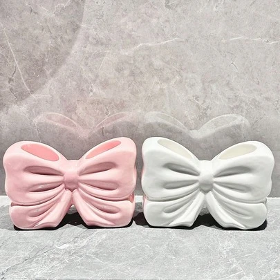 1pc Pink & White Resin Bow Toothbrush Holder, Bathroom Vanity Makeup Brush Organizer, Cute Bow Storage Accessory For Girl Room Decor