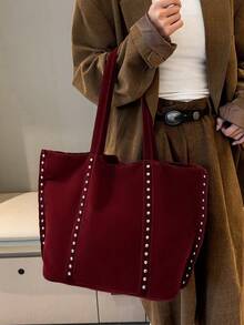 女士酒红色丝绒手提包，铆钉装饰单肩手提包 - 酒紅色 - 查看 4