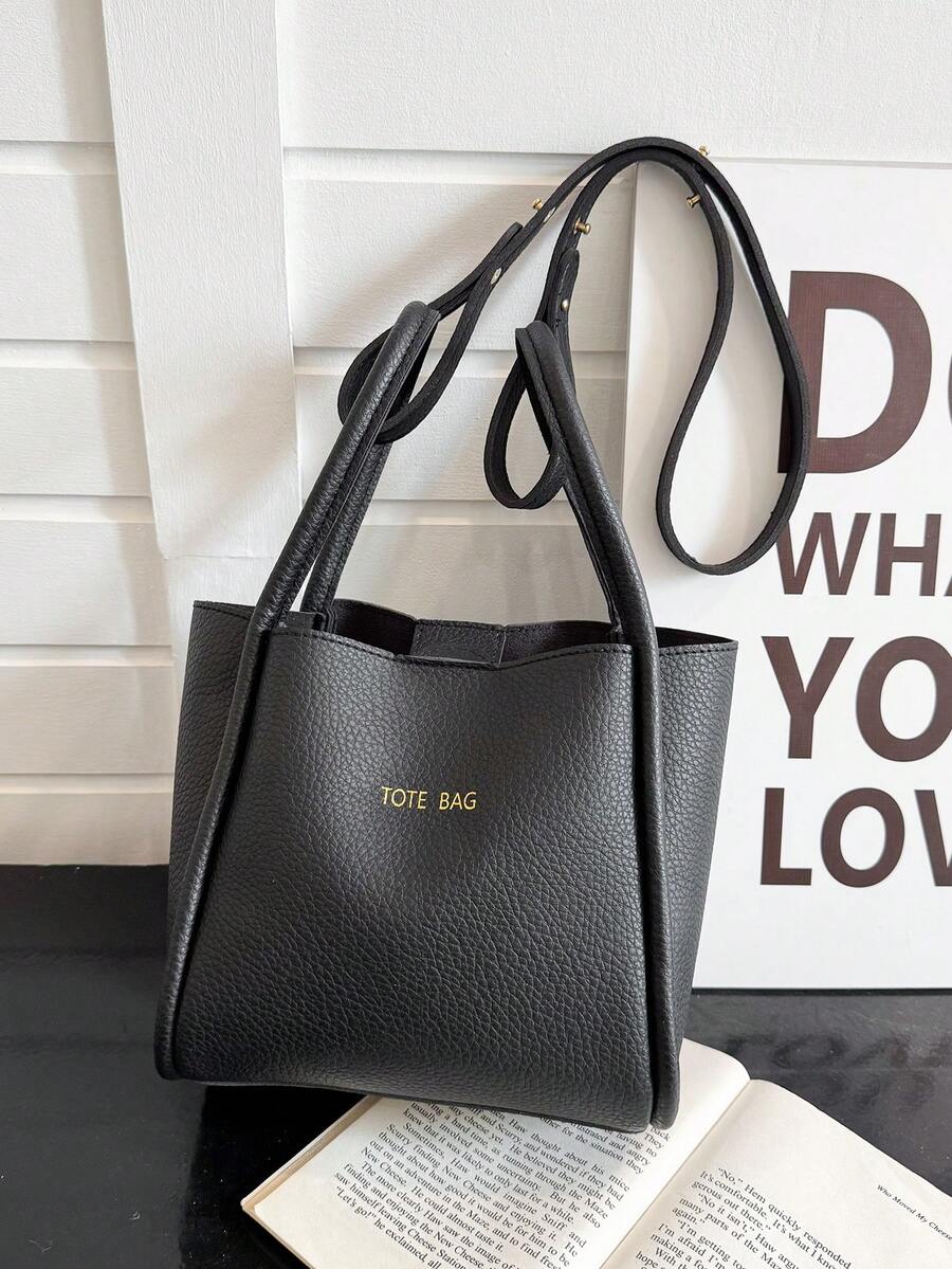 Large Capacity Black Tote Bag With Adjustable Strap, Fashion Daily Handbag