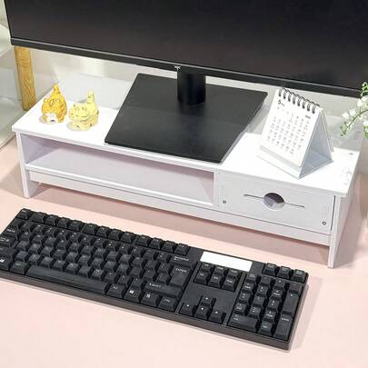 1pc White Elegant Office Desktop Computer Monitor Riser Stand With Drawer Storage Rack, Laptop Holder Raiser