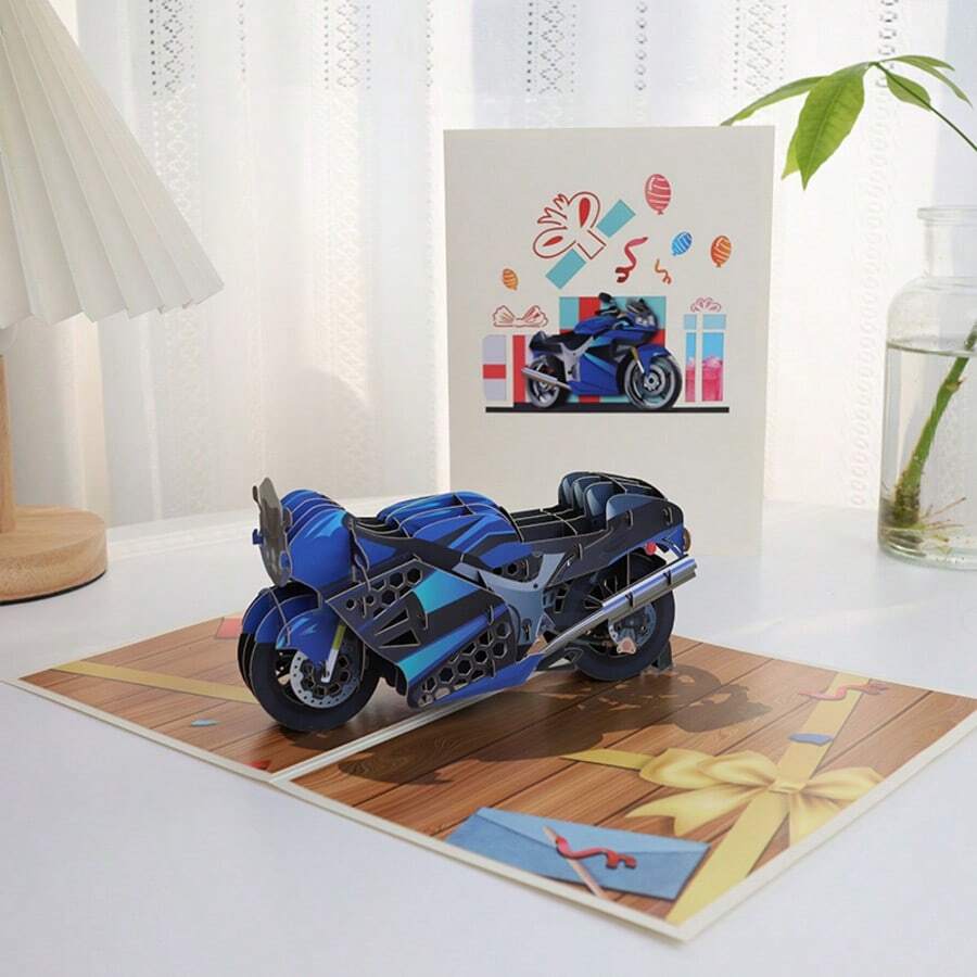 Thiệp chúc mừng Ngày của Cha 3D, thiết kế pop-up, thích hợp cho sinh nhật và các dịp lễ hội. - xe máy màu xanh - Xem 1