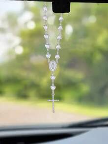 1 pieza Pulsera de oración con colgante en forma de corazón con perla y cruz de la Virgen María, amuleto para auto, regalo - Plateado - Ver 1