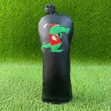 高尔夫球杆保护套 | 趣味鳄鱼图案黑色PU皮革防撕裂中长高尔夫球杆套 - 黑色 - 查看 2