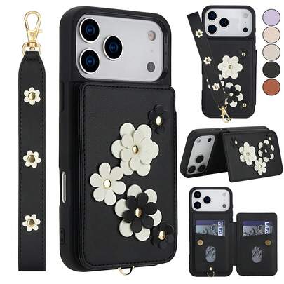 OUKNOEO 兼容 17 Air 16e 15 14 Plus 13 Pro Max，兼容三星 Galaxy S26 S25 Edge S24 Ultra Plus S25 FE A15 A16 A35 A36 A55 A56 A17 A37 A57 5G Z Fold 4 5 6 7 立体花卉钱包式手机壳，PU 皮革翻盖设计，配有短挂绳，随机印花，带支架，女士钱包式手机壳