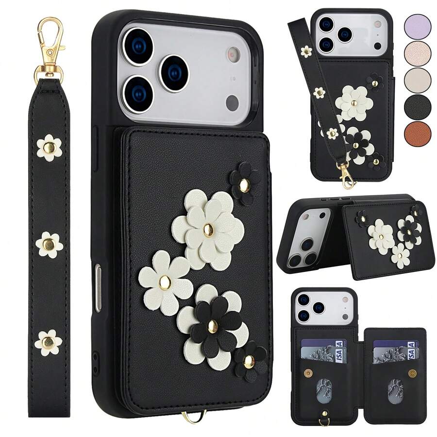 OUKNOEO 兼容 17 Air 16e 15 14 Plus 13 Pro Max，兼容三星 Galaxy S26 S25 Edge S24 Ultra Plus S25 FE A15 A16 A35 A36 A55 A56 A17 A37 A57 5G Z Fold 4 5 6 7 立体花卉钱包式手机壳，PU 皮革翻盖设计，配有短挂绳，随机印花，带支架，女士钱包式手机壳 - 黑色 - 查看 1