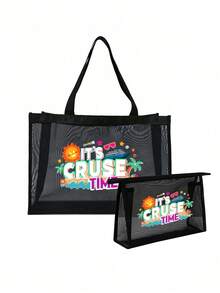 Cruise Time Ship Pattern Letter Printed Mesh Bag, Storage Bag, Toilet Bag, Large Capacity Handbag, Girl's Gift, Mother's Day Gift, Lightweight Foldable Storage Bag, Suitable For Personal Travel Cosmetics Storage, Easy To Clean, Travel Toilet Bag, Birthday Gift, Travel Makeup Tool, Teacher's Gift, Lover's Gift, Birthday Gift, Travel Essential, Dormitory Essential, Meeting Daily Travel Needs, , Birthday Gift,Birthday Gift, Mother's Day Gift, Graduation Season, Wedding Anniversary - Multicolor - View 13