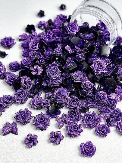 80pcs Purple Rose Soft Floral Nail Art Decoration, 3D Rose Camellia Blooming Buds, French Deep Purple Rose, Suitable For Valentine's Day Party Nail DIY Accessories, Nail Art Supplies