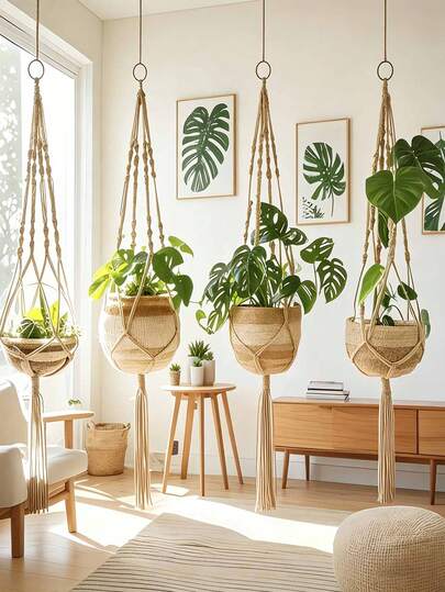 1pc Macrame Plant Hangers Indoor Hanging Planter Basket Decorative Flower Pot Holder Jute Rope For Indoor Outdoor Home Decor, Brown