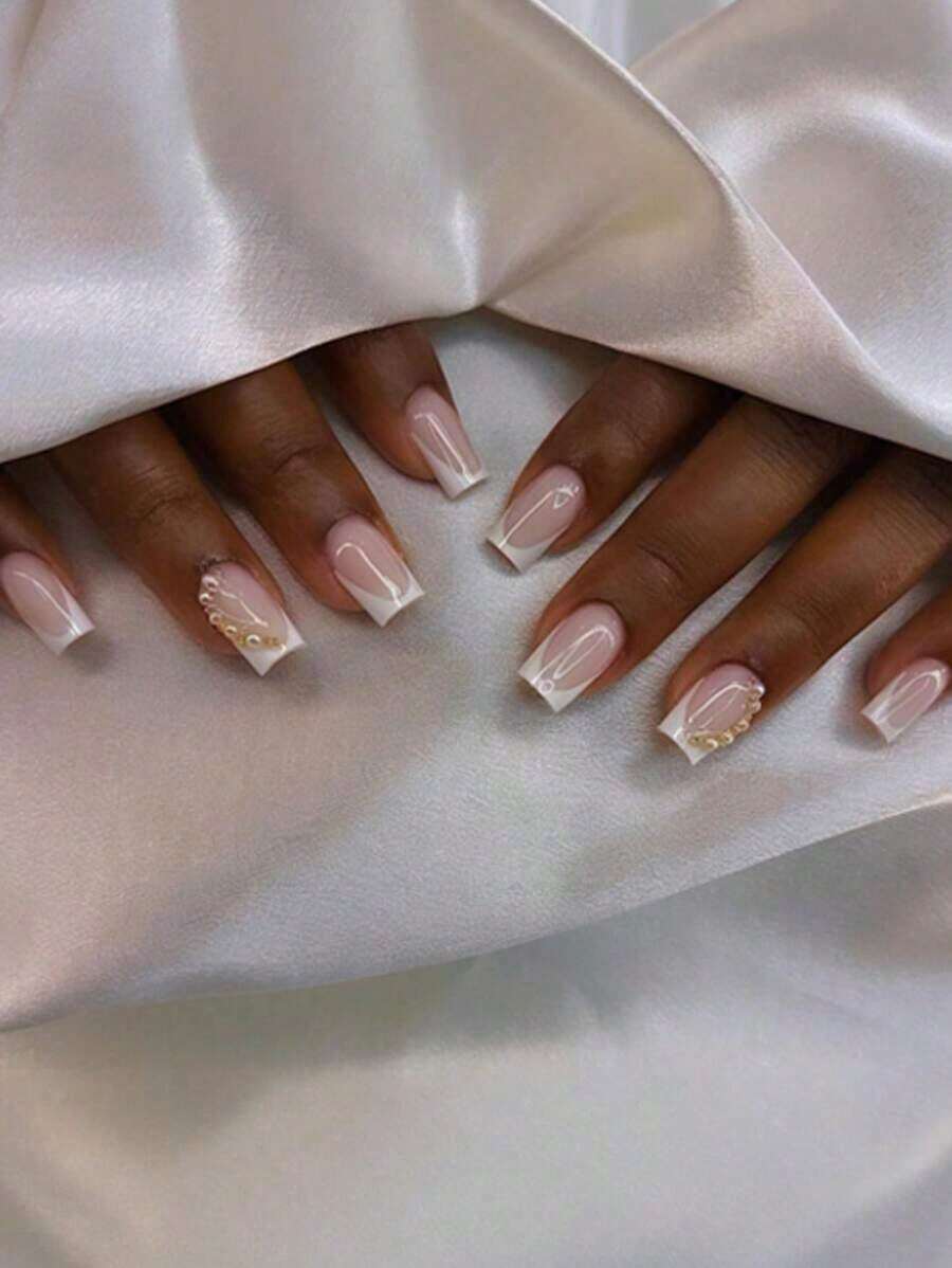 24pcs Medium Square French Tip Nail Stickers, White Color With Rhinestone Bow Decor, Luxury Full Coverage, Suitable For Women & Girls Nails, Charm Dates, Office, Home Parties Nail Supplies - Đỏ - Xem 1