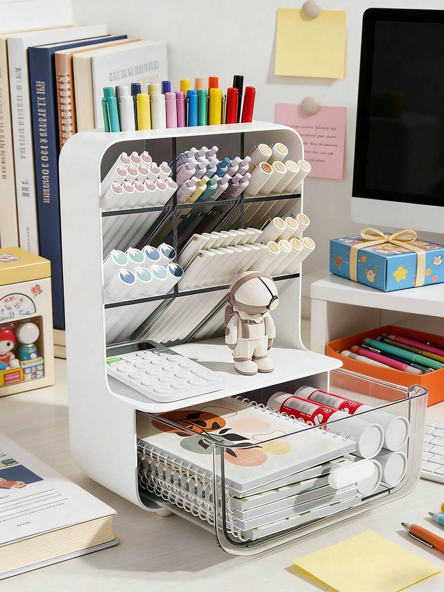 1个多功能桌面收纳盒，带笔筒和抽屉，无需电源，便携式办公用品和宿舍必备，倾斜笔筒适合学生桌面，是大学和高中学生返校的完美礼物，办公桌配件，桌面收纳盒，文具收纳，铅笔盒，教师节礼物，家居必备，2026毕业季派对用品，复活节派对用品 - 彩色 - 查看 1