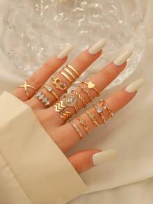 Juego de 15 piezas de anillos de moda europea y americana, anillos de aleación con rhinestones apilables, diseño asimétrico de hojas para mujeres - Juego de anillos - Ver 3