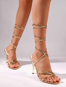 女士金色系带高跟凉鞋，性感派对露趾细高跟鞋，时尚百搭优雅鞋履 - 金色 - 查看 5