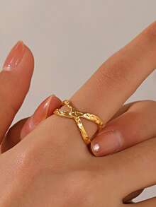 1pc Stainless Steel 18K Gold Plated Geometric Criss-Cross Open Ring, Fashionable Daily Wear For Women - Gold - View 1
