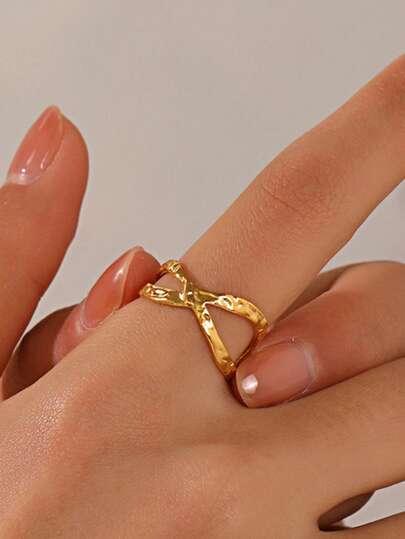 1pc Stainless Steel 18K Gold Plated Geometric Criss-Cross Open Ring, Fashionable Daily Wear For Women