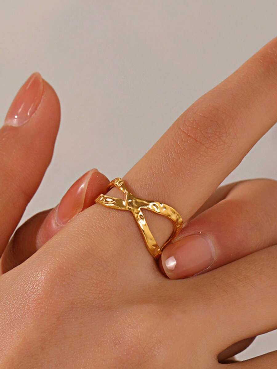 1pc Stainless Steel 18K Gold Plated Geometric Criss-Cross Open Ring, Fashionable Daily Wear For Women - Gold - View 1