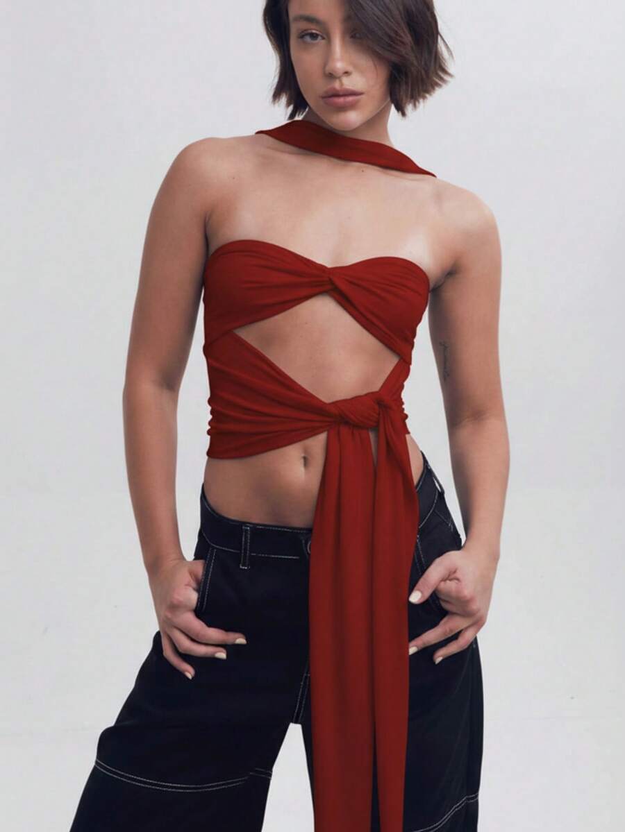 Women's Strapless Top With Cutouts And Long Band – Sexy Y2K Cropped Top For Parties And Fashion Looks - 紅色 - 查看 1