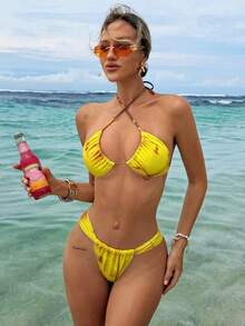 Women's Elegant Summer Beach Vacation Yellow Tie-Dye Print Casual Bikini Set Set, Suitable For Parties, Gatherings, Spring, Seaside, Entertainment, Vacation, Romantic, Fashionable Design, Unique, Casual, Bohemian Style, Travel, Daily Activities - Multicolor - View 6