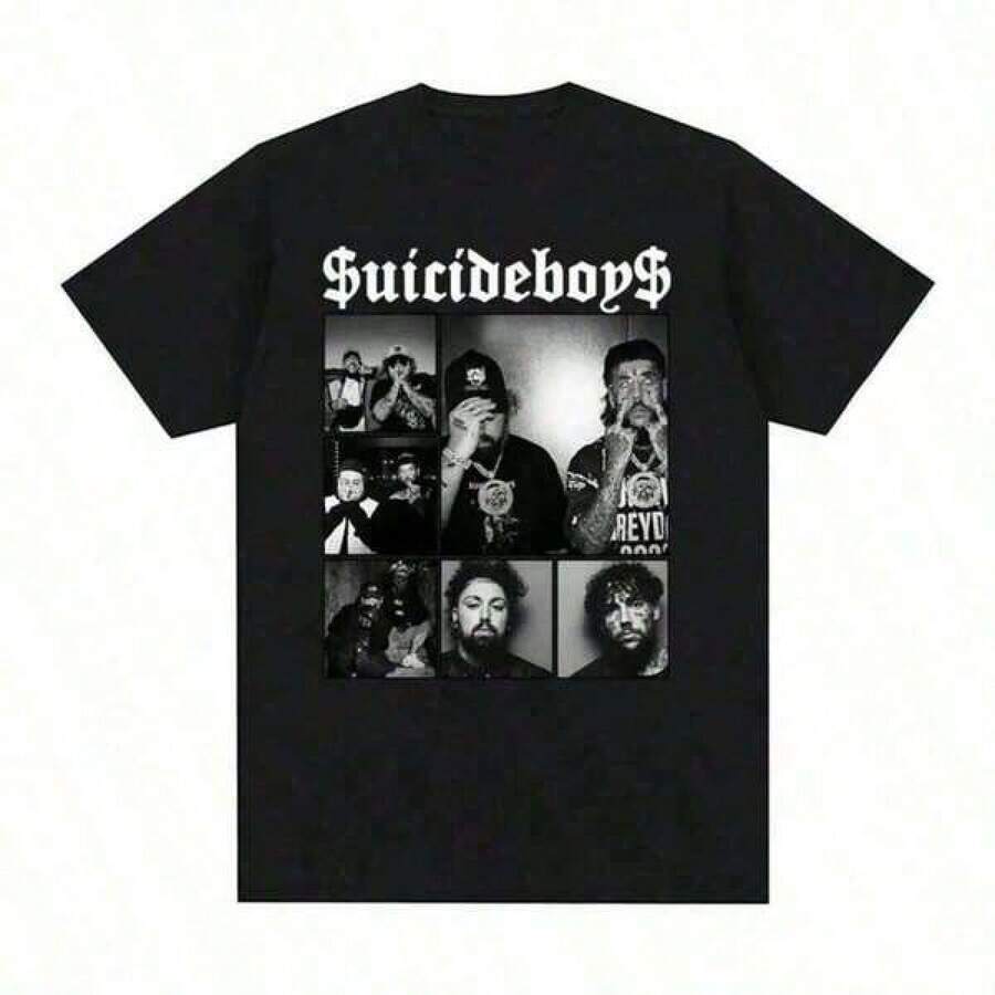 Tops Suicideboy Era Tour Graphic T-Shirts For Men, Harajuku Hip-Hop Rock Style, Fashionable Unisex Shirts, Oversized Streetwear T-Shirt, Comfortable And Cozy Streetwear Spring Outfits For Women - 黑色 - 查看 1